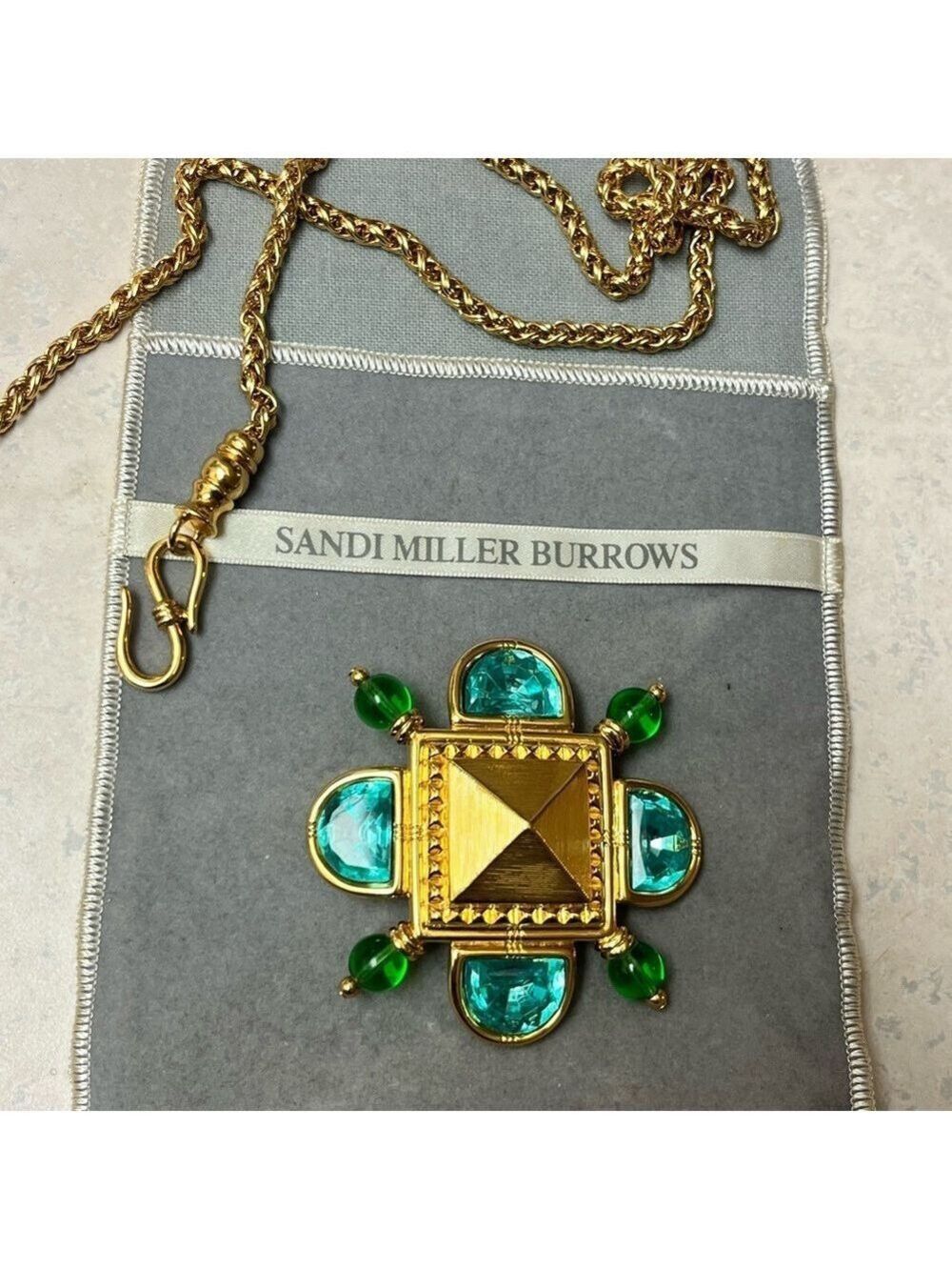 Sandi Miller Burrows signed vintage costume jewelry 1990s glam gold tone pyramid